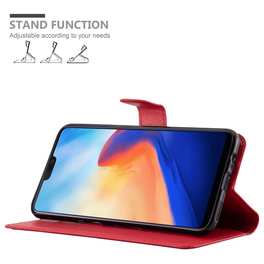 Custodia rossa con funzione stand, il telefono è sullo schermo.