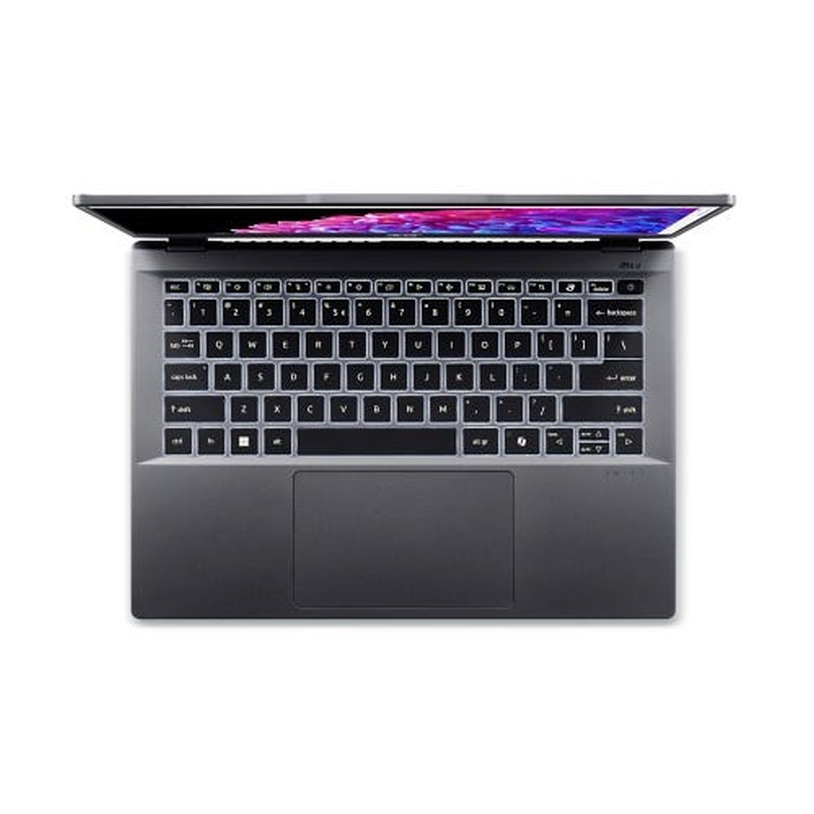Laptop-Tastatur, schwarz, Draufsicht, offen, mit Licht auf der Tastatur.