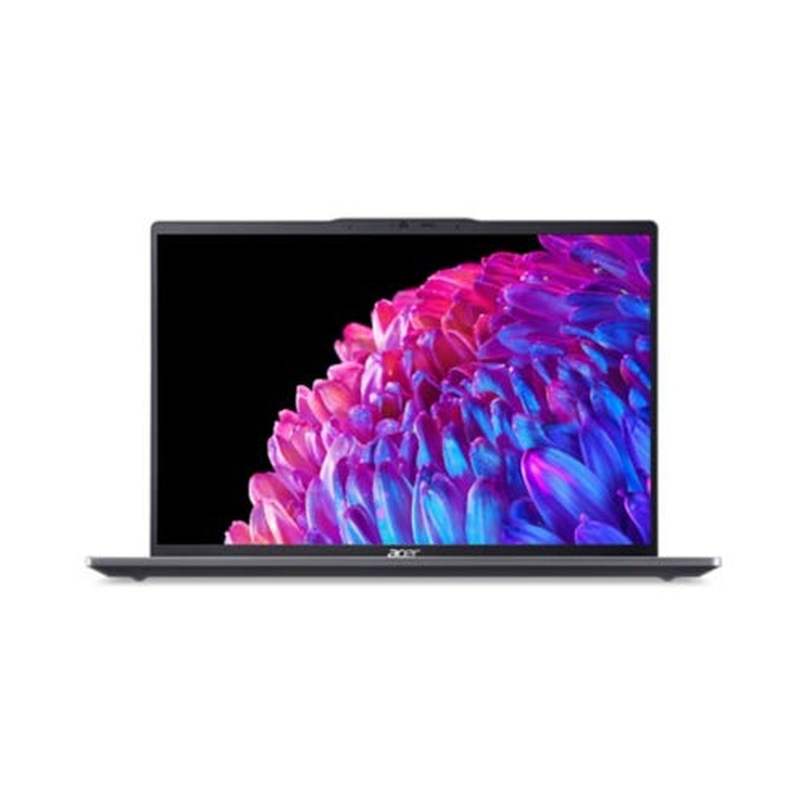 Laptop mit schwarzem Rahmen. Der Bildschirm zeigt ein farbenfrohes, abstraktes Blumendesign.