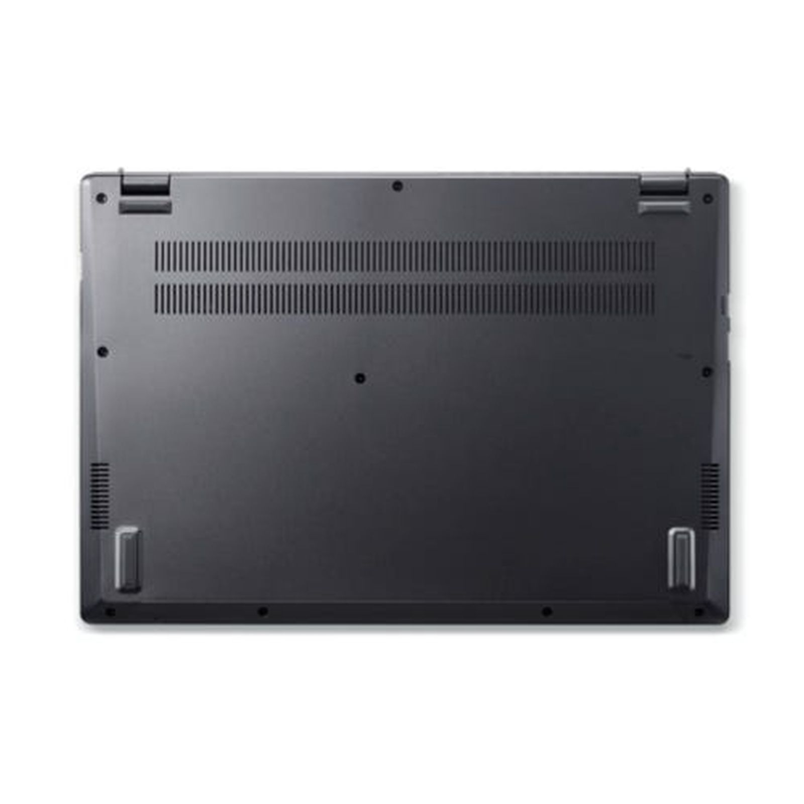 Die Unterseite eines schwarzen Laptops, mit sichtbaren Lüftungen und Anschlüssen.