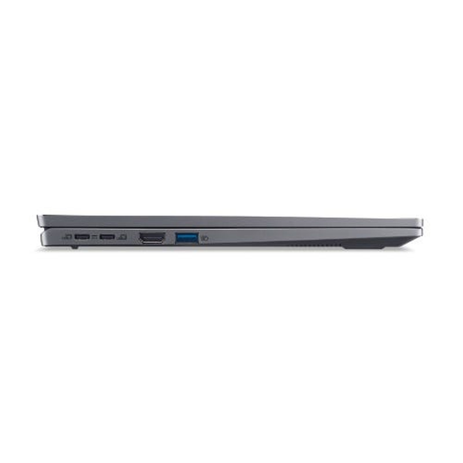 Seitenansicht eines grauen Laptops. Er ist geschlossen und die Anschlüsse sind sichtbar.
