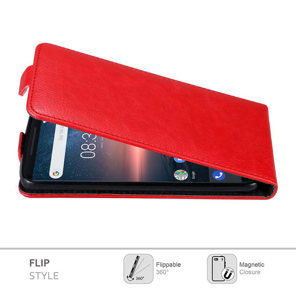 Rote Handyhülle auf schwarzem Handy, geöffnet. Merkmale sind Flip-Stil, 360 Grad, Magnetverschluss.