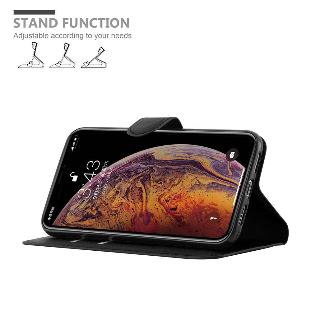 Schwarzes Telefon in schwarzer Hülle, geöffnet, um den Bildschirm zu zeigen. Text: STAND FUNCTION.