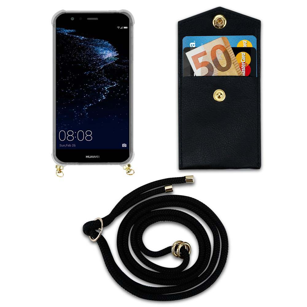 Un telefono nero con un cordino nero e un porta carte nero con denaro.