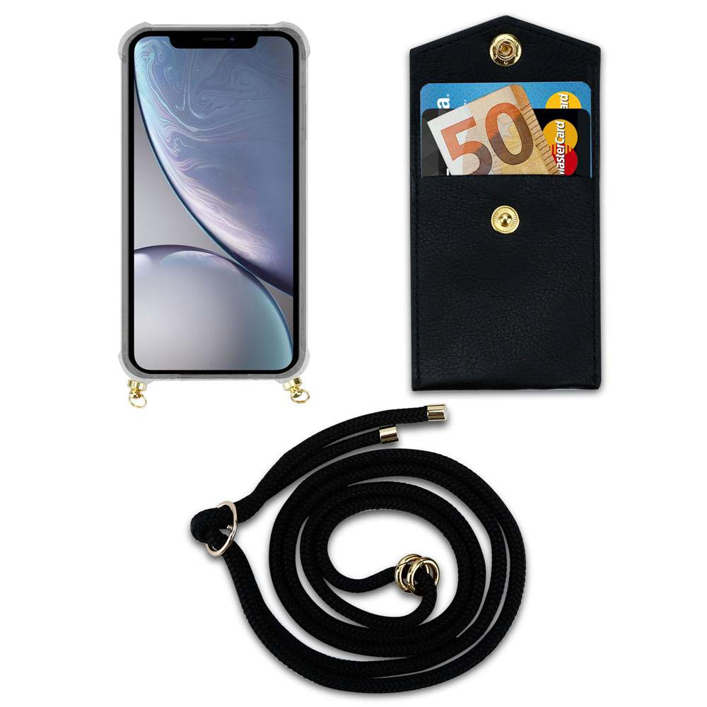 Viene mostrato un telefono con custodia e cordino nero. Testo: Contiene telefono, carte e cinturino.
