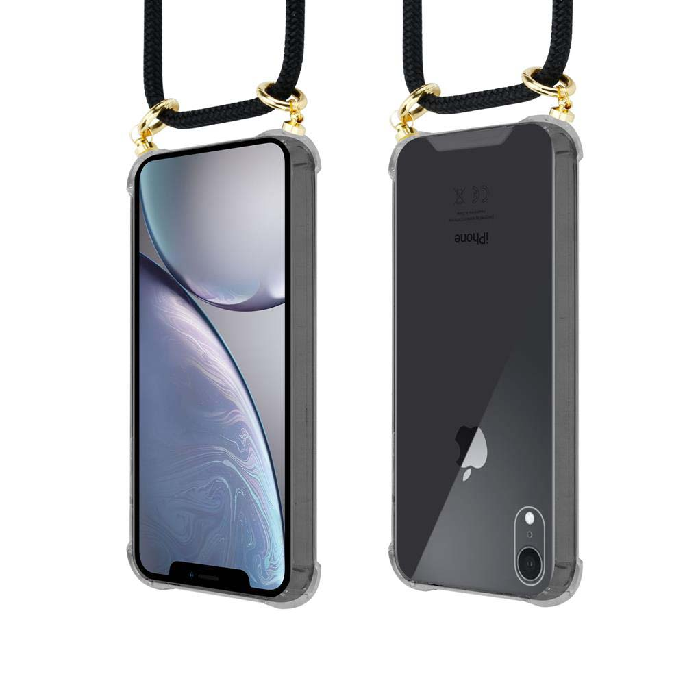 Due immagini di una custodia trasparente per telefono con cinturino nero, che mostrano le viste anteriore e posteriore del telefono.