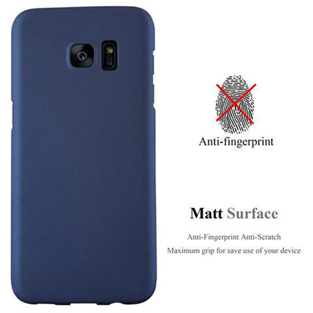 Una custodia blu per telefono con design anti-impronta e superficie opaca, icona impronta con croce.