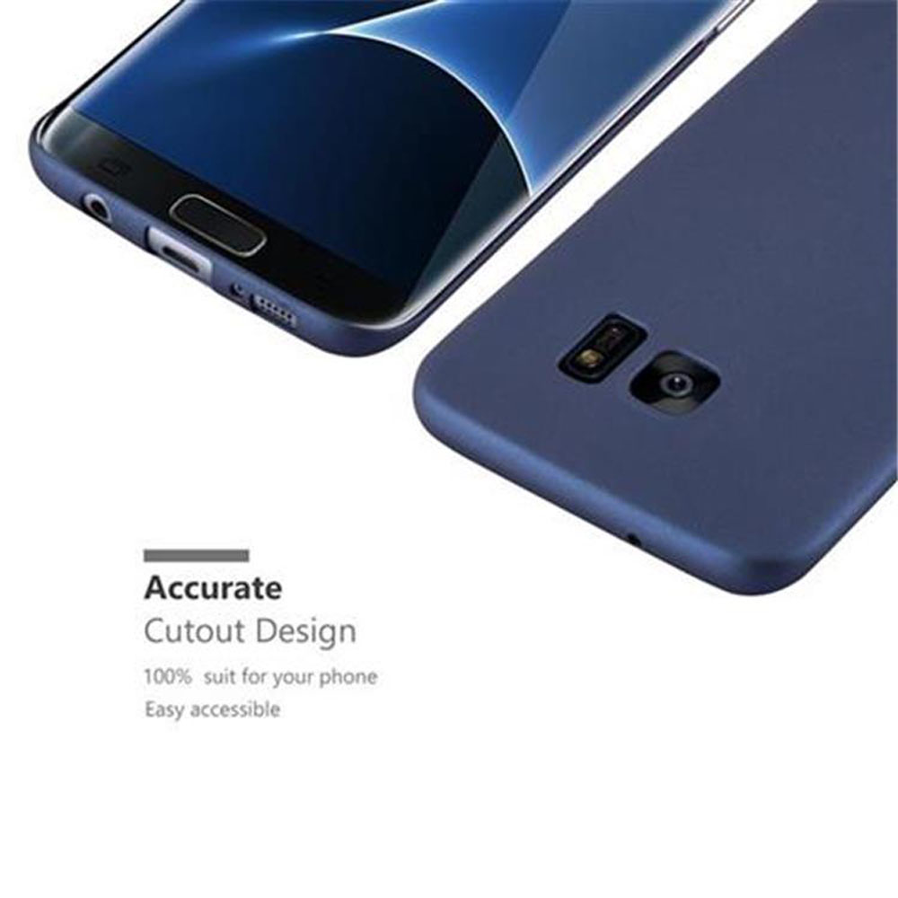 Due telefoni blu scuro. Uno mostra lo schermo, l'altro il retro. Testo: 'Accurate Cutout Design'.
