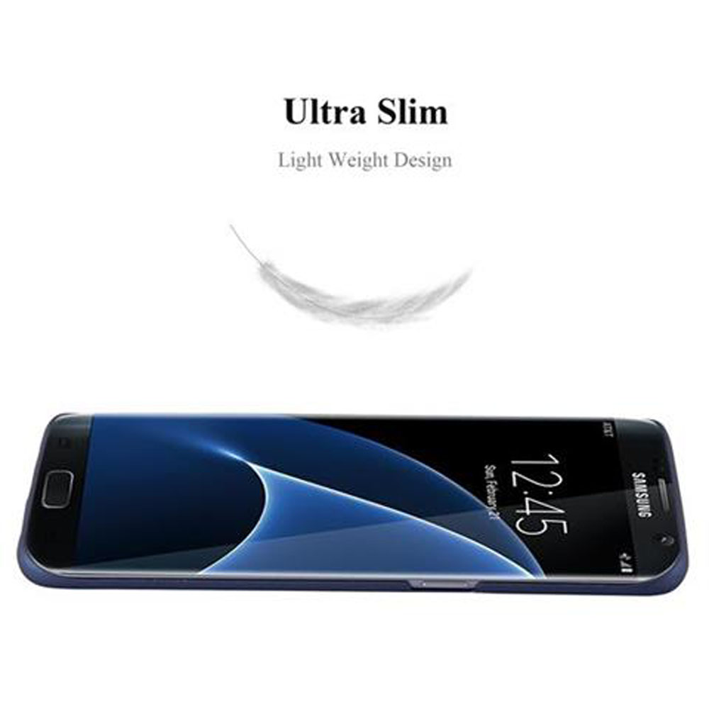 Telefono in una custodia blu, piatto. Il testo dice "Ultra Slim", con un grafico a penna.