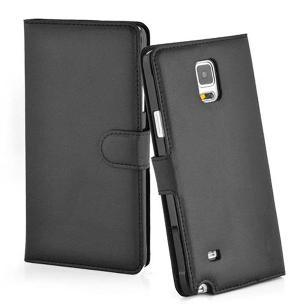 Schwarze Leder-Handyhülle, offen und geschlossen. Zeigt ein Telefon. Ein Magnetverschluss ist sichtbar.