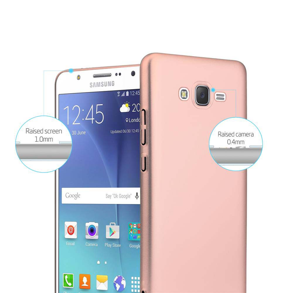 Rosa Telefon in einer Hülle. Zeigt erhöhten Bildschirm- und Kameraschutz. Telefonbildschirm zeigt Symbole. Weißer Hintergrund.
