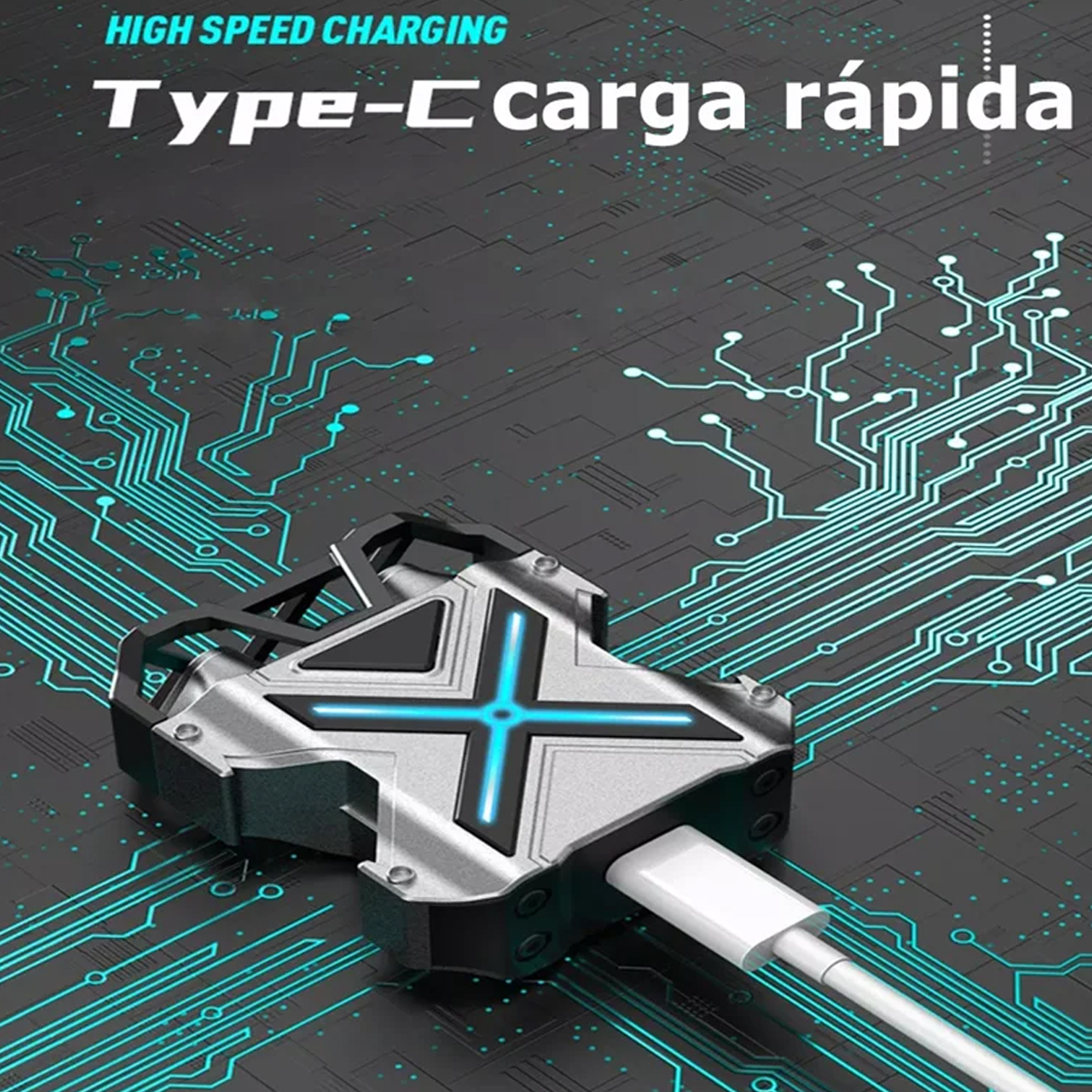 Schwarzer und silberner Gaming-Controller mit weißem Kabel, beschriftet mit 'Type-C carga rápida'.