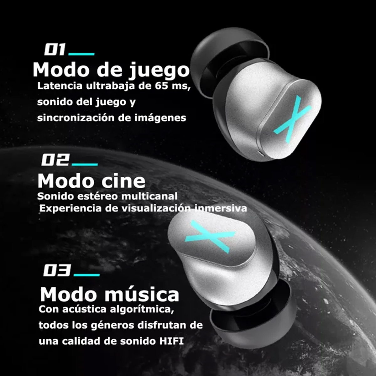 Zwei kabellose Ohrhörer. Text: Spielmodus, Kinomodus, Musikmodus. Der Hintergrund ist eine dunkelblaue Galaxie.