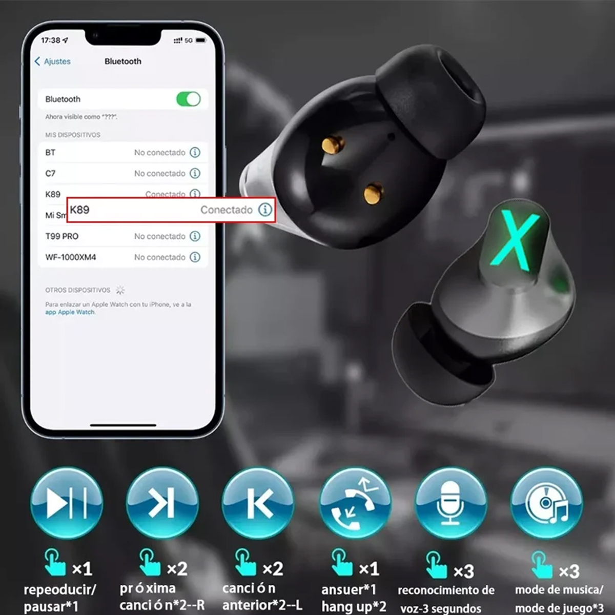 Kabellose Ohrhörer und Telefon. Das Telefon zeigt eine Bluetooth-Verbindung mit den Ohrhörern an.