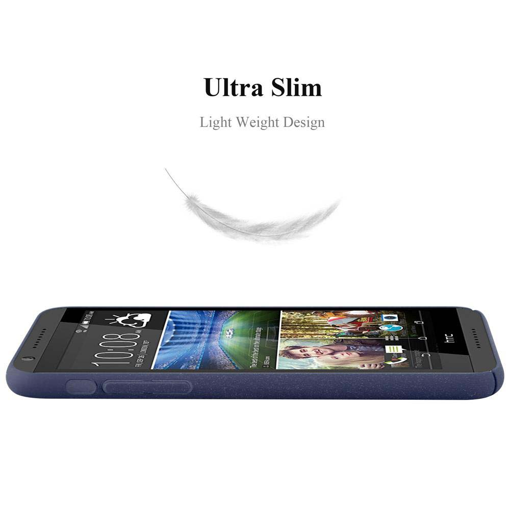 Un telefono in una custodia blu navy. Una piuma fluttua sopra. È un design leggero per il telefono.