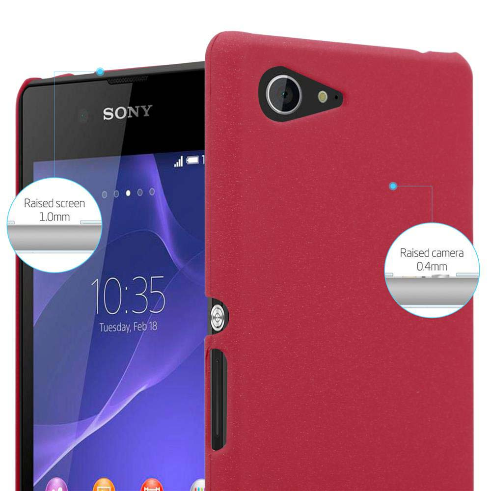 Eine rote Handyhülle auf einem Telefon. Anmerkungen zeigen den erhöhten Bildschirm und die Kamera.