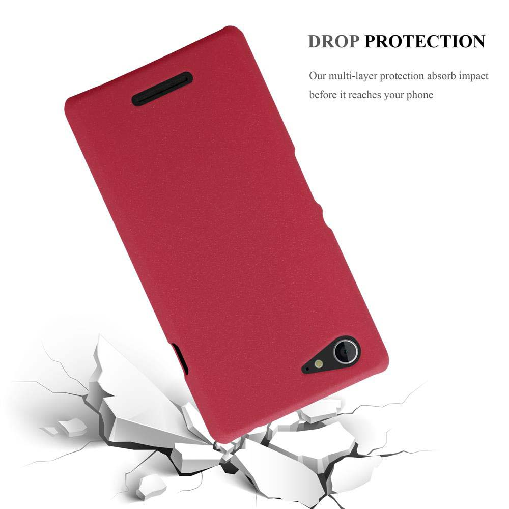 Eine rote Handyhülle wird fallen gelassen, mit einem Bild von zersplittertem Boden und den Worten „Drop Protection“.