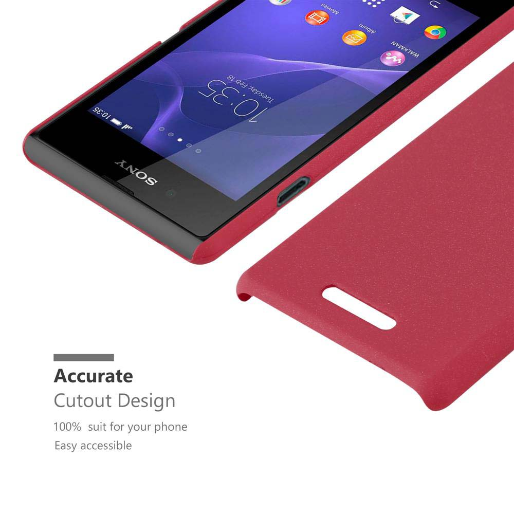 Eine rote Handyhülle neben einem Sony-Handy. Das Telefon zeigt Uhrzeit und Datum an. Text: Accurate Cutout Design.