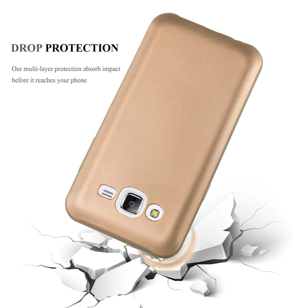Goldene Handyhülle mit einem Telefon darin. Text sagt: Fallschutz.