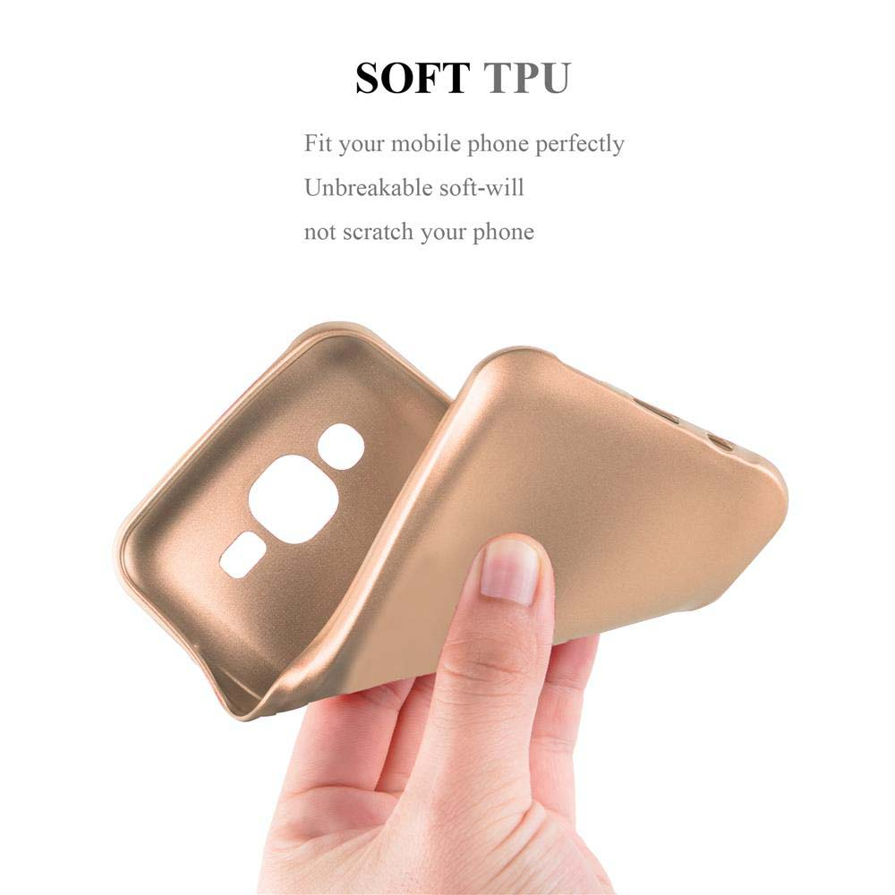 Hand hält zwei goldene Handyhüllen. Text sagt: „Soft TPU“.
