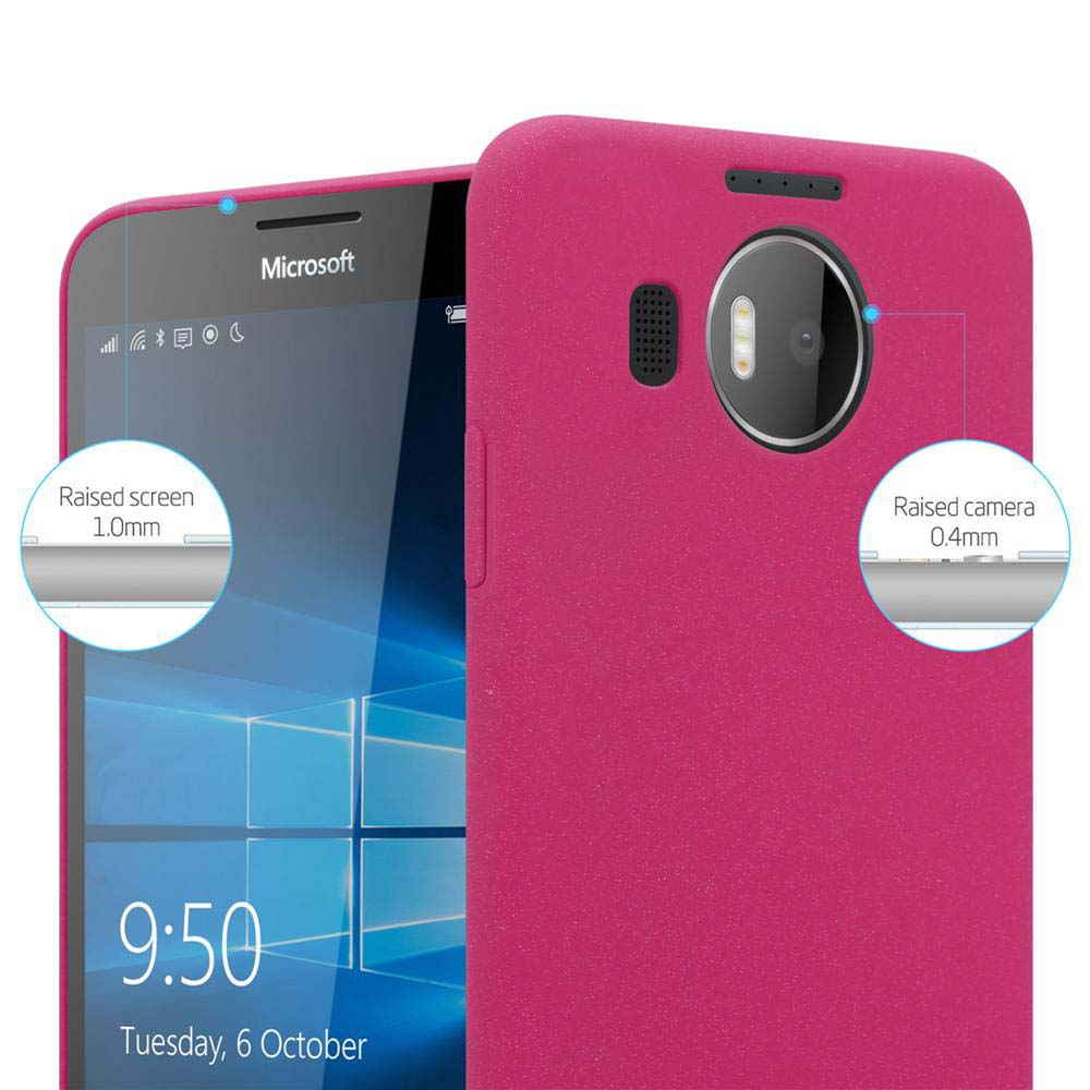 Custodia rosa con telefono dentro. Testo: Microsoft. Dettagli: Schermo e fotocamera rialzati.