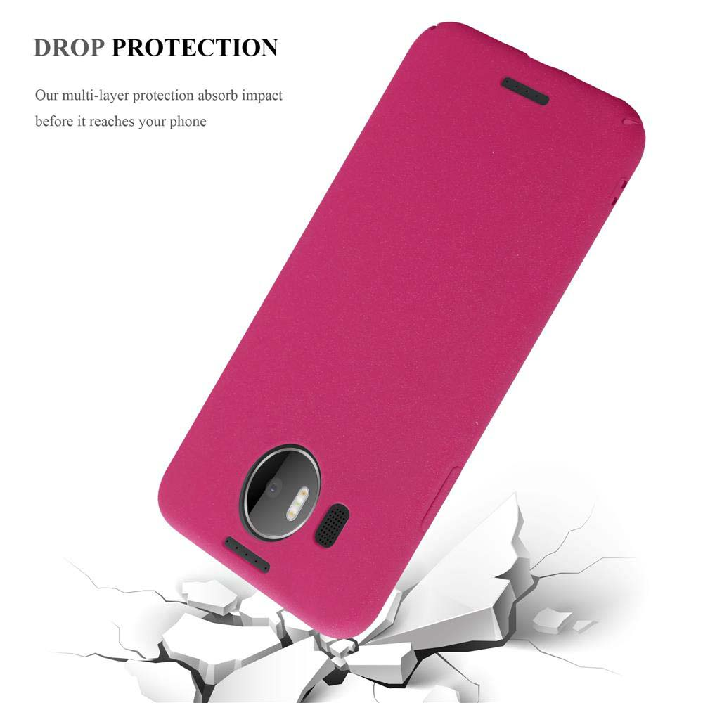 Una custodia rosa con un telefono all'interno viene mostrata con una superficie fratturata, mostrando la protezione dalle cadute.