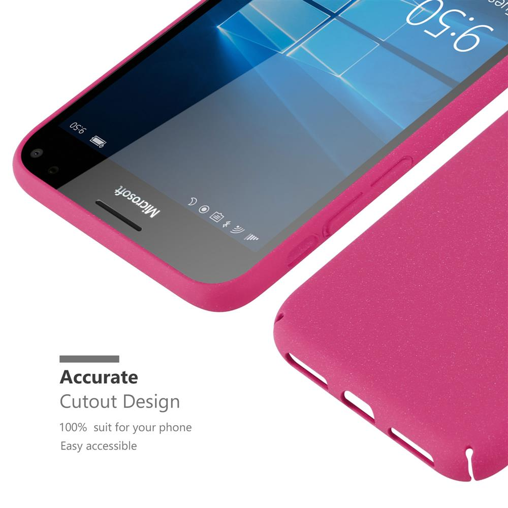 Telefono rosa, con custodia rosa e angolo visibile. Testo dice Accurate Cutout Design.