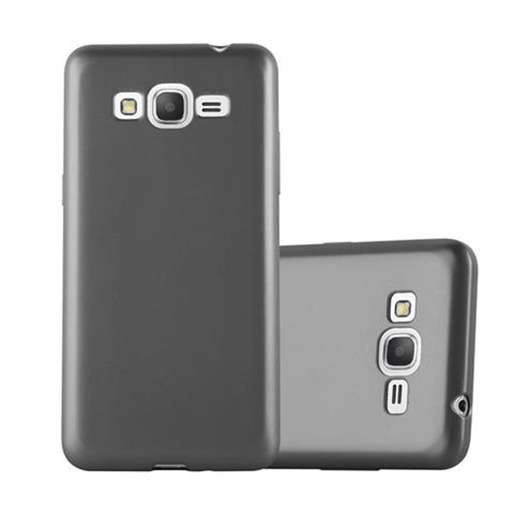 Dos fundas grises para teléfono. Una está en la parte delantera y la otra en la trasera. Ambas son lisas.