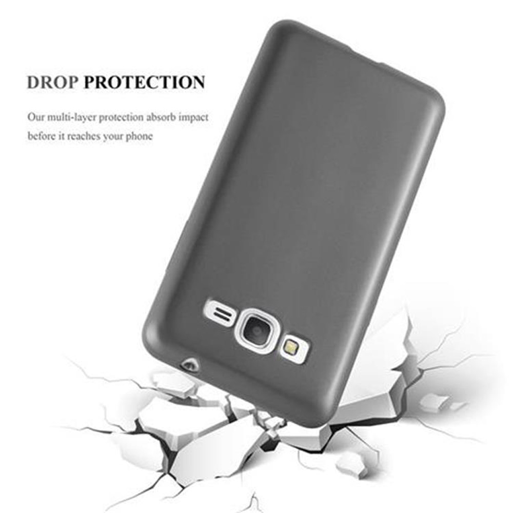 Funda de teléfono gris con un teléfono dentro. La funda está rota. El texto Drop Protection está en la parte superior.