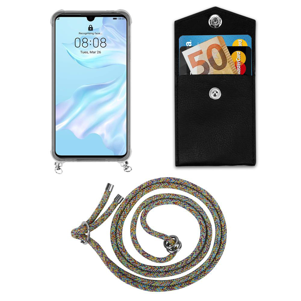 Telefono in custodia, soldi e carte in tasca, laccetto per telefono con anello metallico.