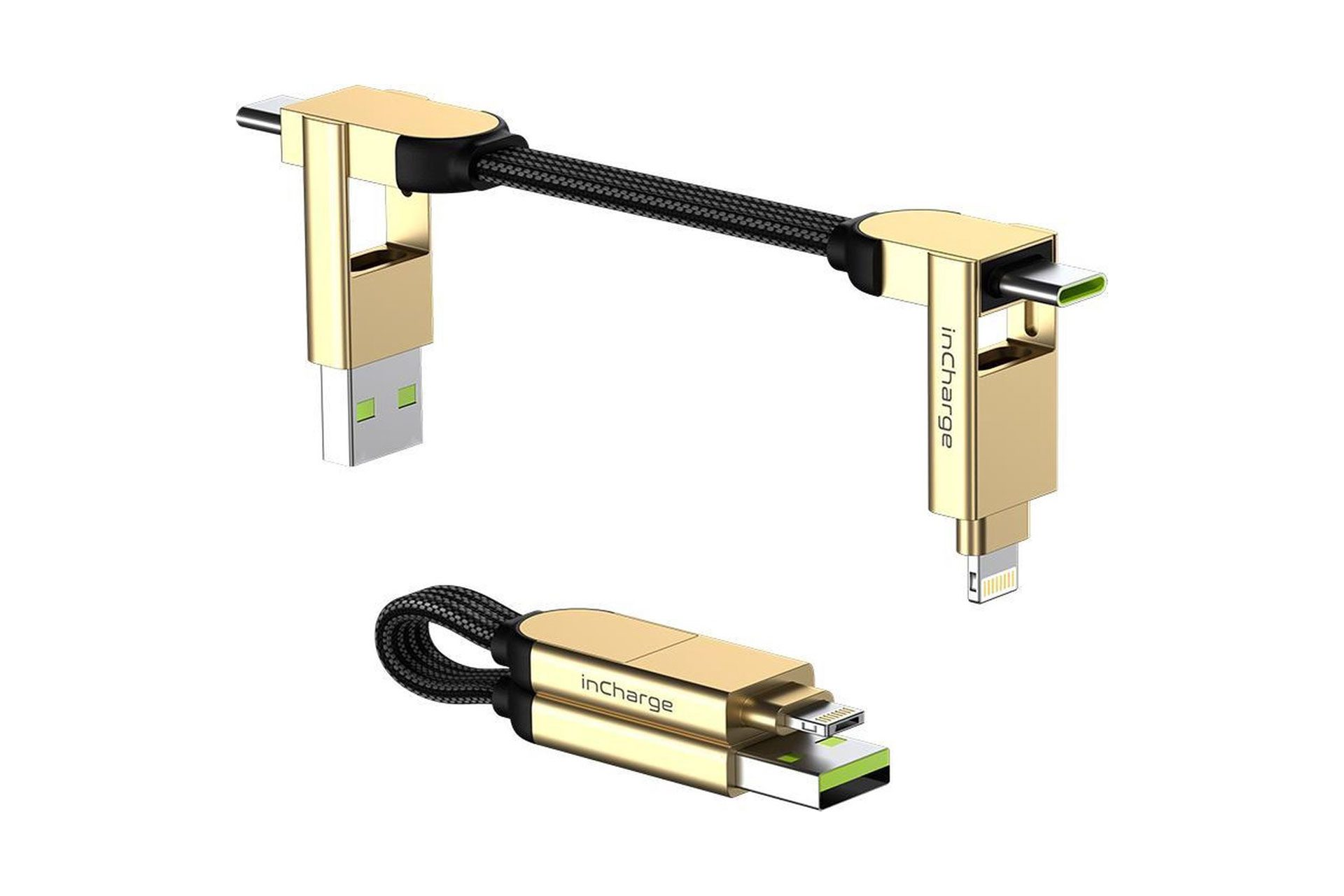 Gouden multi-connector oplaadkabel voor diverse apparaten. Met USB en Lightning.