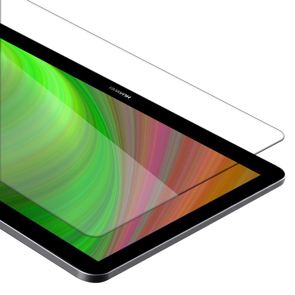 Pantalla de tableta con un diseño verde y naranja. Un protector de pantalla blanco encima. Fondo blanco.