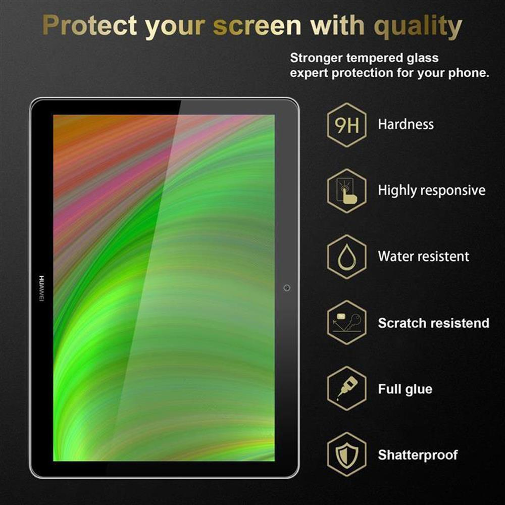 Protector de pantalla para tableta con texto sobre dureza, resistencia al agua y irrompible.