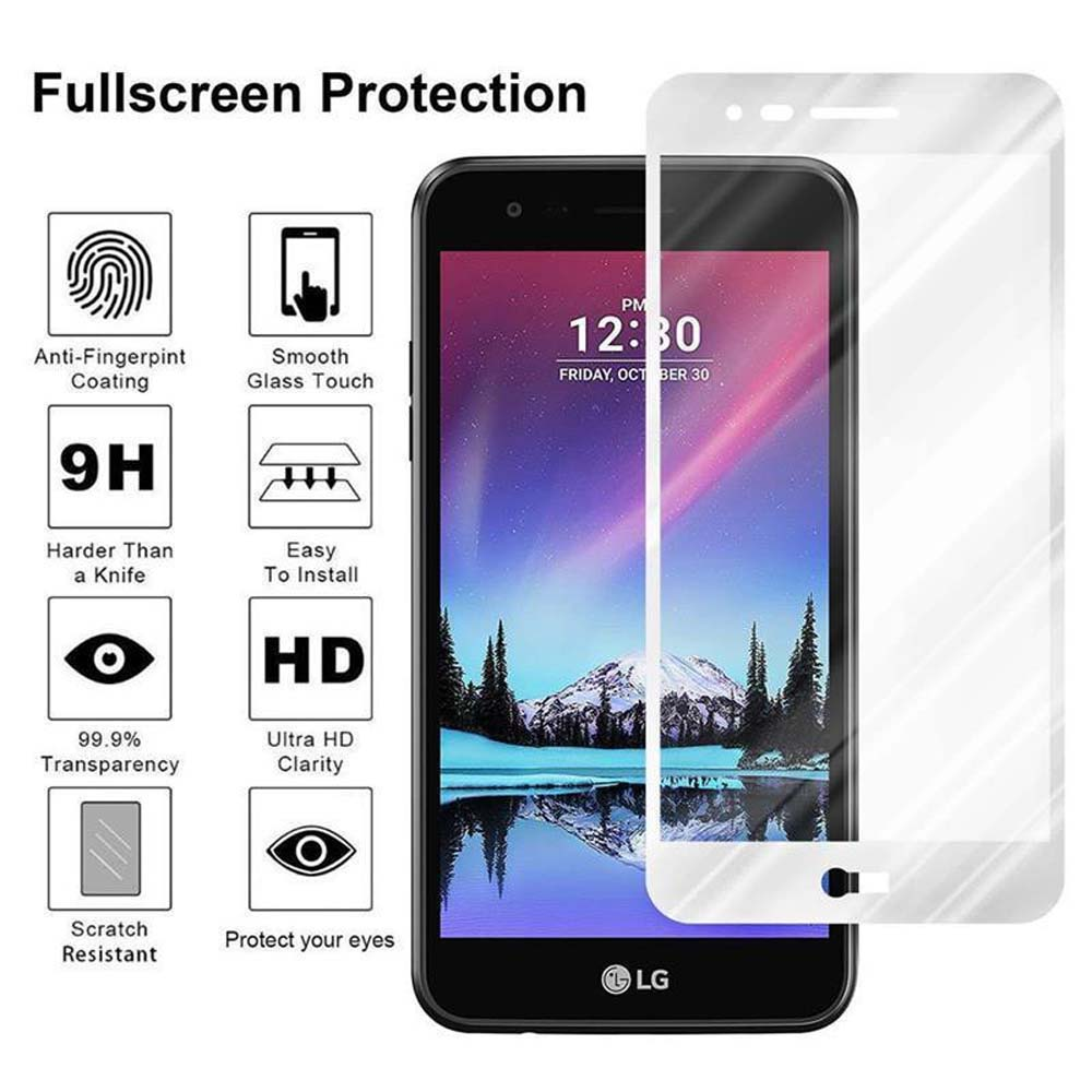Teléfono con protector de pantalla aplicado. La pantalla muestra la hora. El protector tiene características enumeradas.