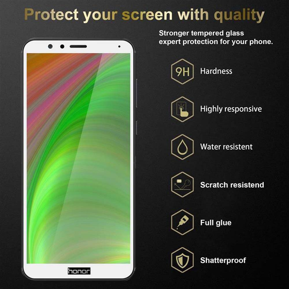 Telefono con protezione schermo, con testo e icone: Durezza, reattivo, resistente all'acqua, resistente ai graffi, colla piena.