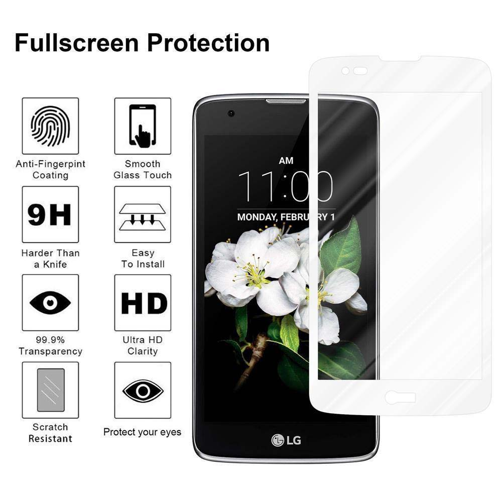 Écran de téléphone avec protecteur d'écran. Icônes anti-empreintes digitales, 9H, clarté HD et résistance aux rayures sont affichées.