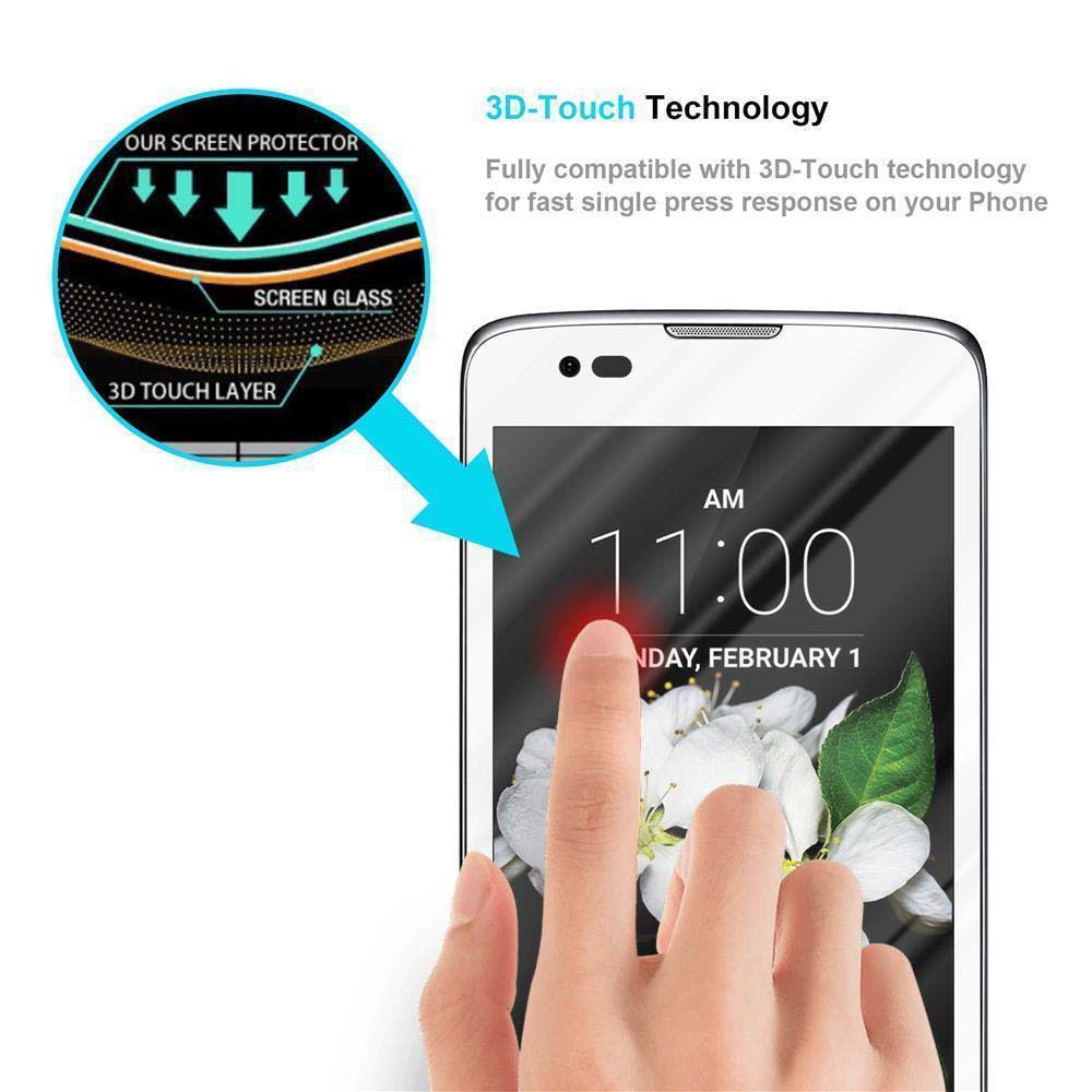 Téléphone avec protecteur d'écran. Texte: Technologie 3D-Touch. Main touchant l'écran.