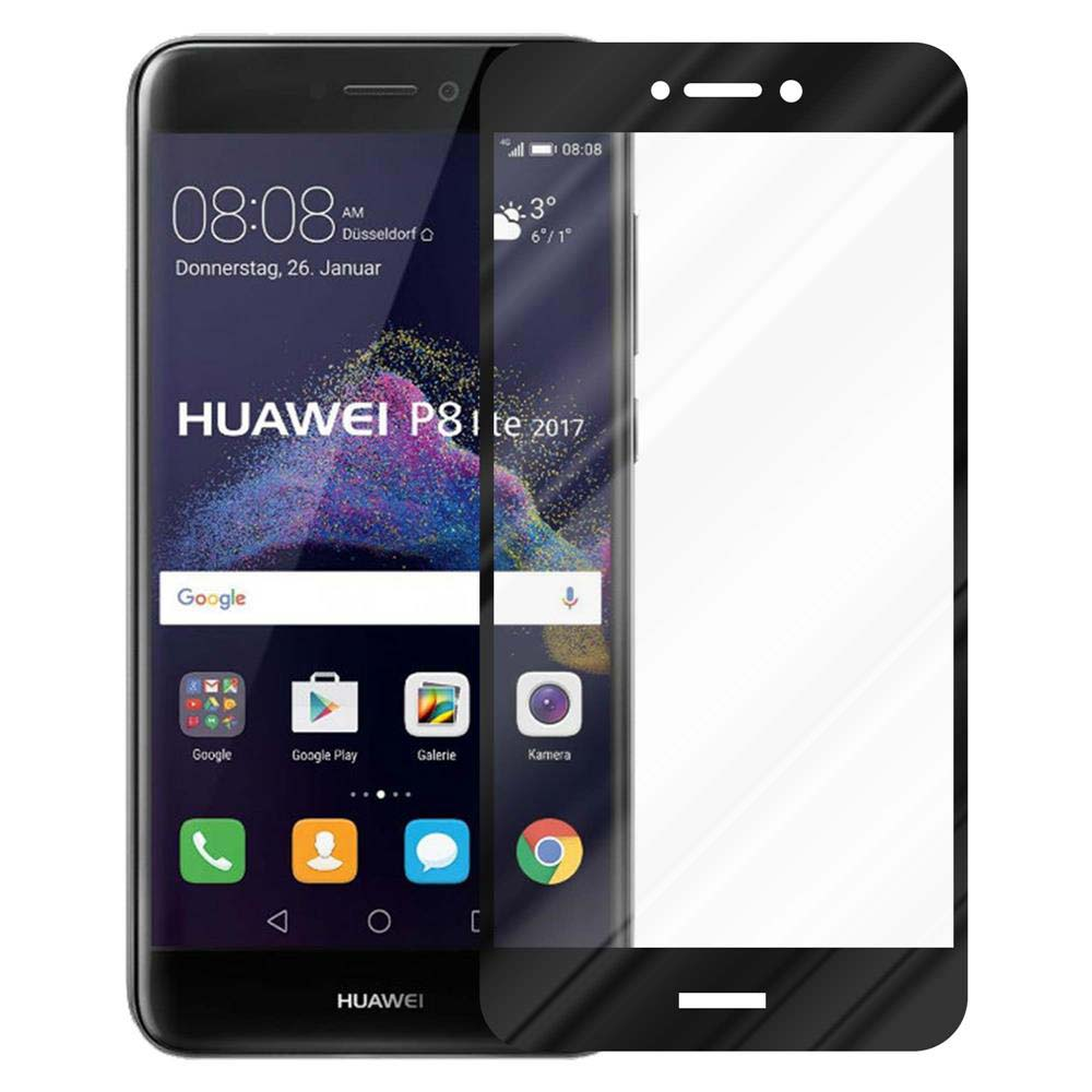 Un teléfono Huawei con un protector de pantalla aplicado, que muestra la hora y la fecha. La pantalla es en su mayoría blanca.