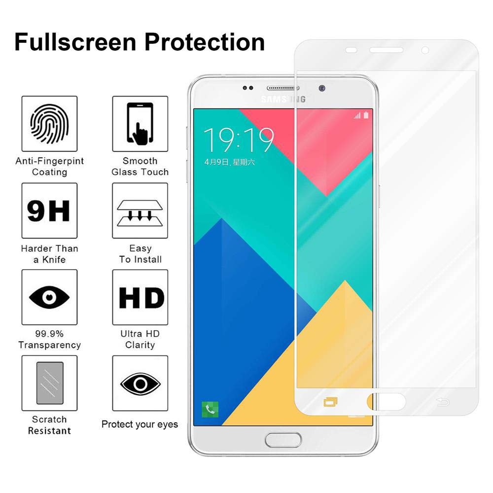 Un telefono Samsung bianco con una protezione per lo schermo. La protezione mostra le funzioni del telefono.