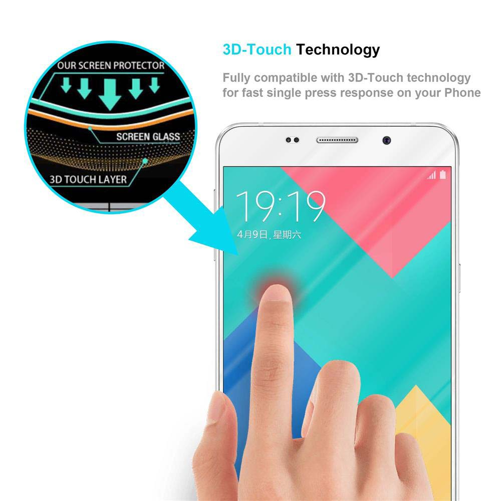 Schermo del telefono con dito che lo tocca, con un diagramma di protezione dello schermo. Testo: Tecnologia 3D-Touch.