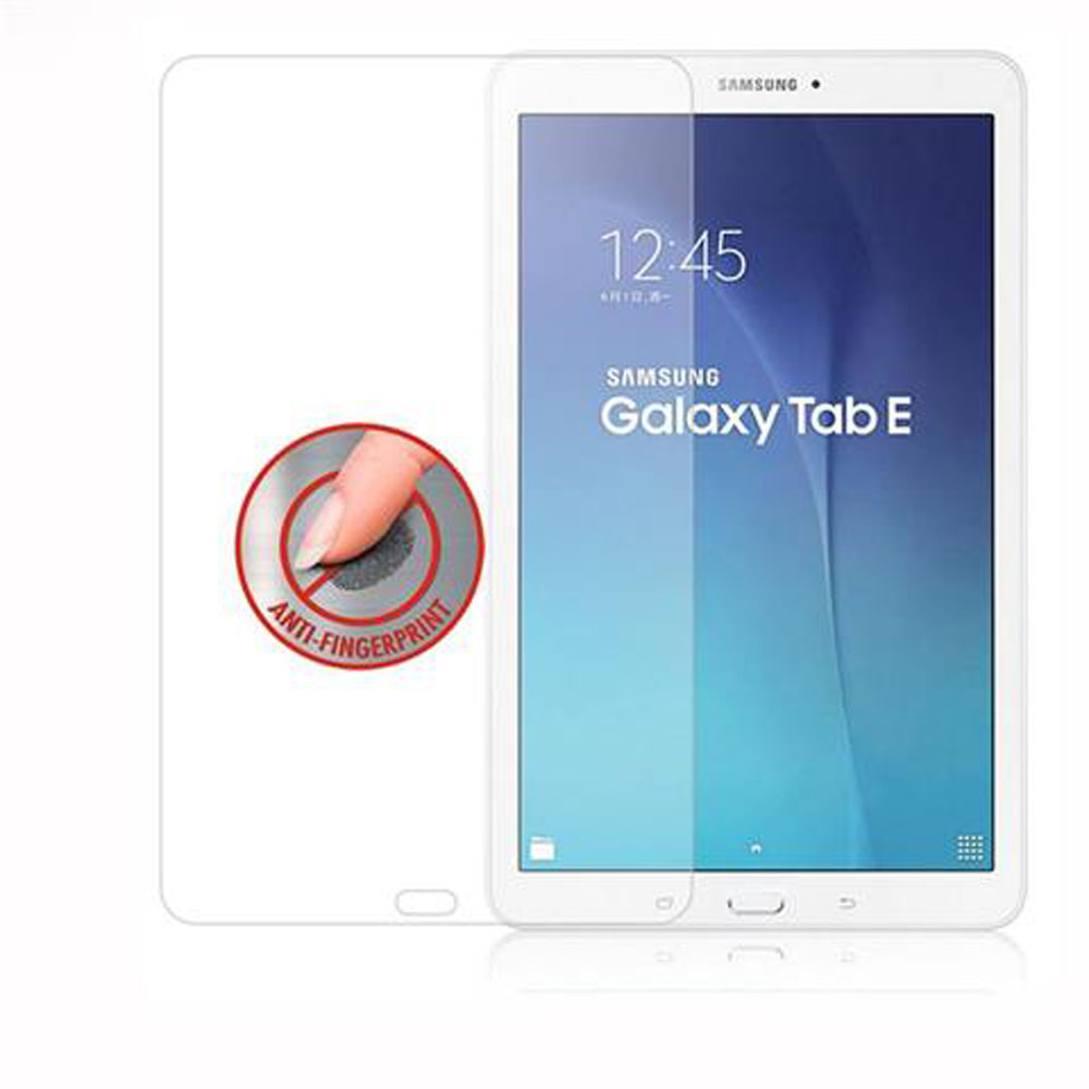 Proteggi schermo per tablet con adesivo anti-impronta. Samsung Galaxy Tab E visibile.