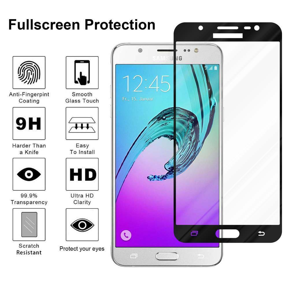 Schermo del telefono con protezione. Icone di anti-impronte, 9H, chiarezza HD e resistenza ai graffi sono mostrate.