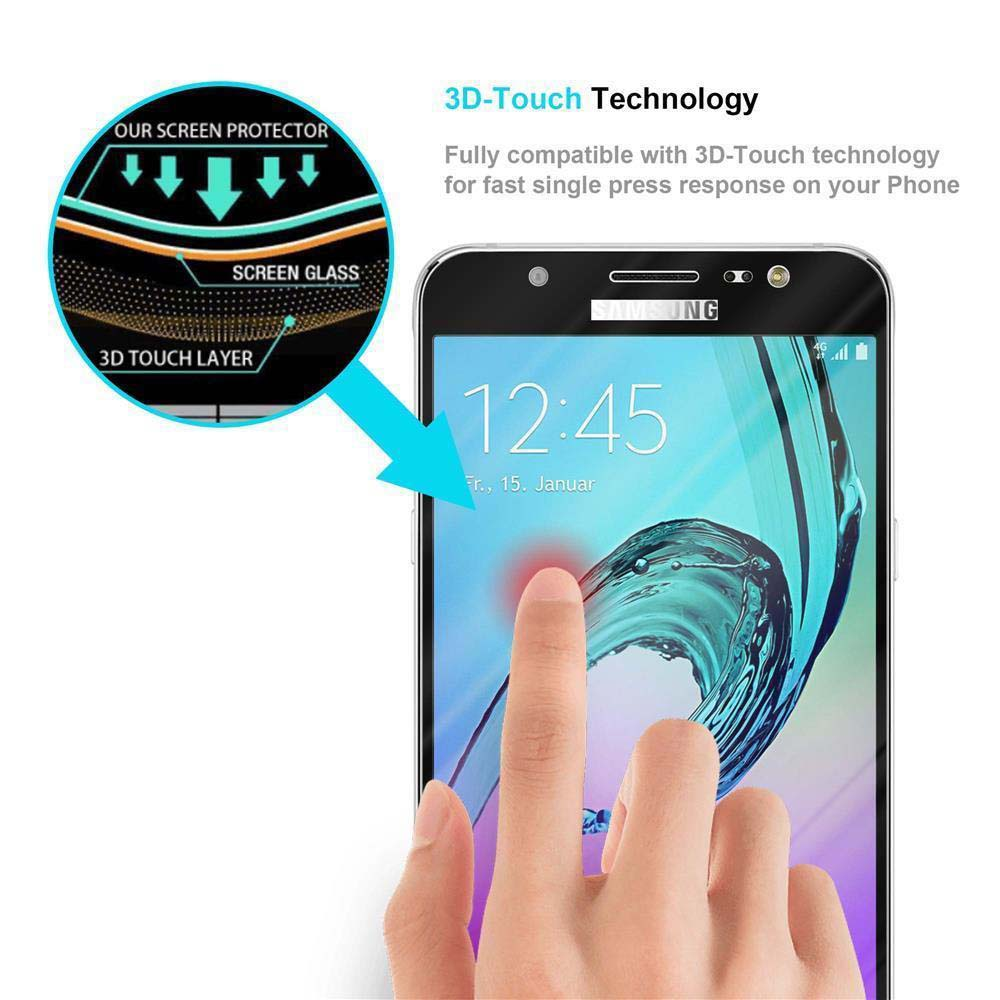 Uno schermo del telefono con un dito che lo preme. Testo: '3D-Touch Technology', con frecce che indicano i livelli.
