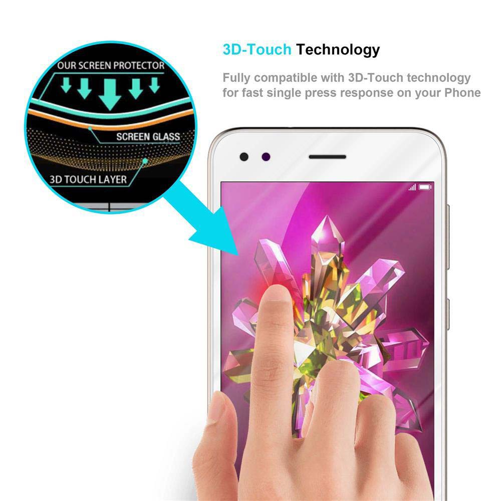 Una mano tocca lo schermo di un telefono. Testo esplicativo mostra dettagli protezione schermo e '3D-Touch Technology'.