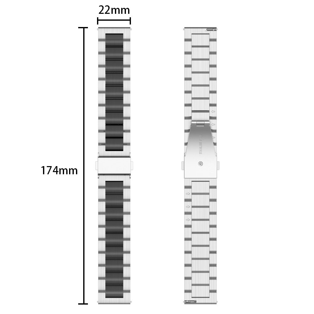 Zwei Uhrenarmbänder nebeneinander. Das linke misst 22 mm mal 174 mm. Text: Edelstahl.