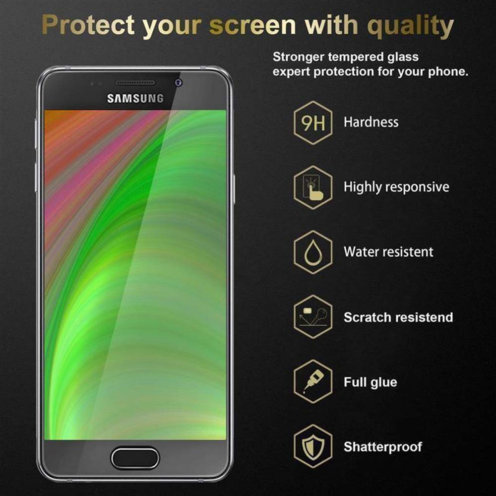 Teléfono con un protector de pantalla aplicado. El teléfono está sobre un fondo negro.