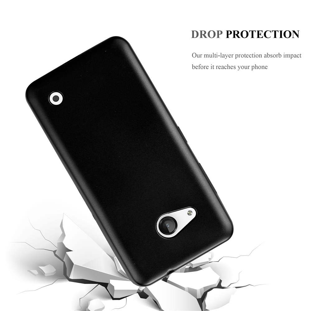 Funda negra para teléfono. La funda se cae y rompe el suelo. Texto: PROTECCIÓN CONTRA CAÍDAS.