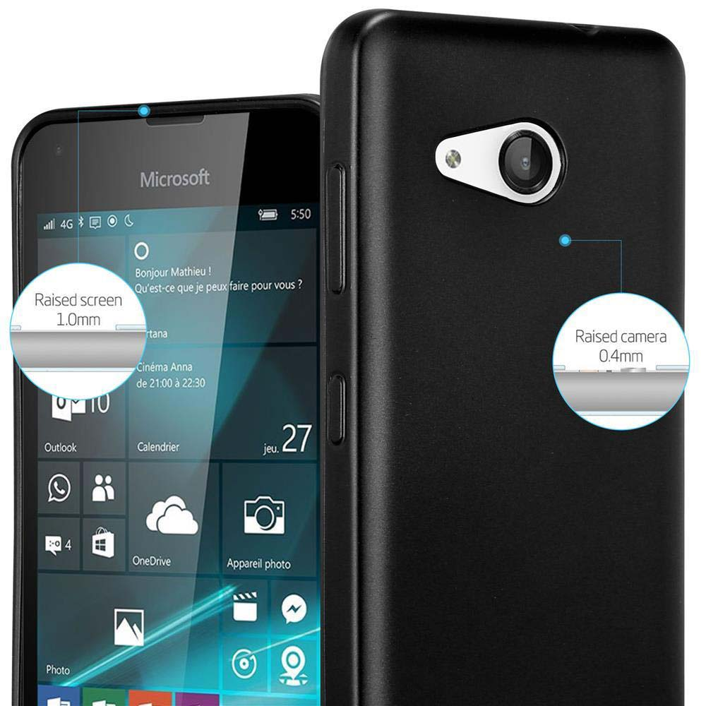 Teléfono negro con pantalla y cámara elevadas. Una pantalla de teléfono está a la izquierda.