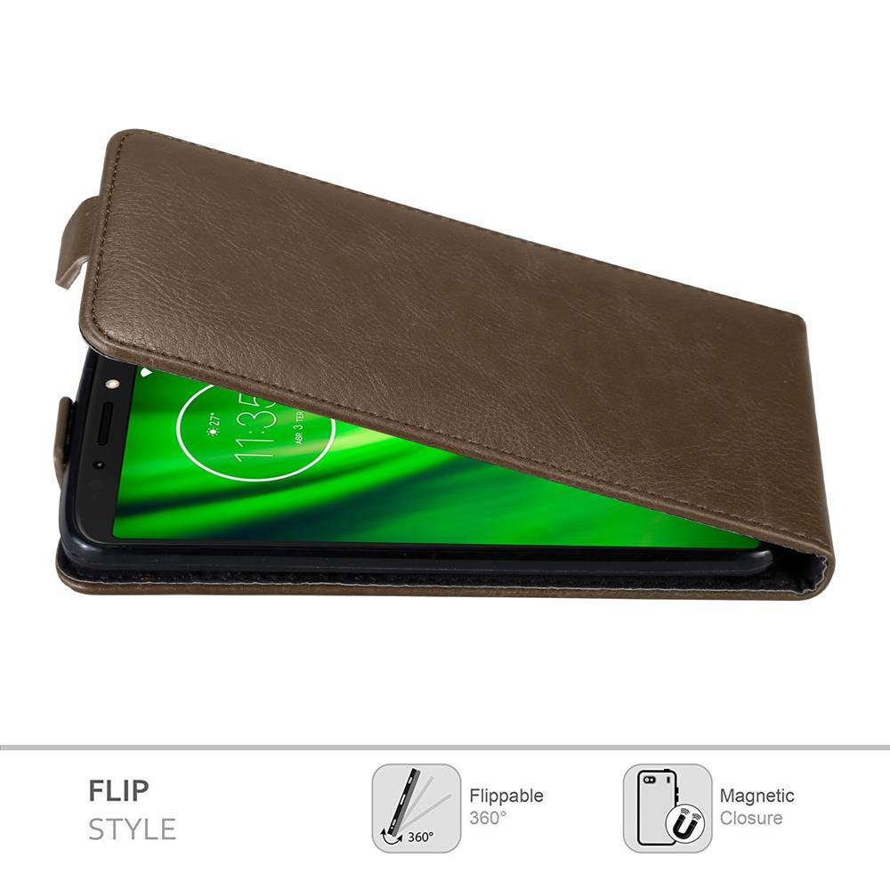 Braune Leder-Flip-Handyhülle, offen, zeigt Telefonbildschirm. Merkmale: Flip-Stil, 360° klappbar.