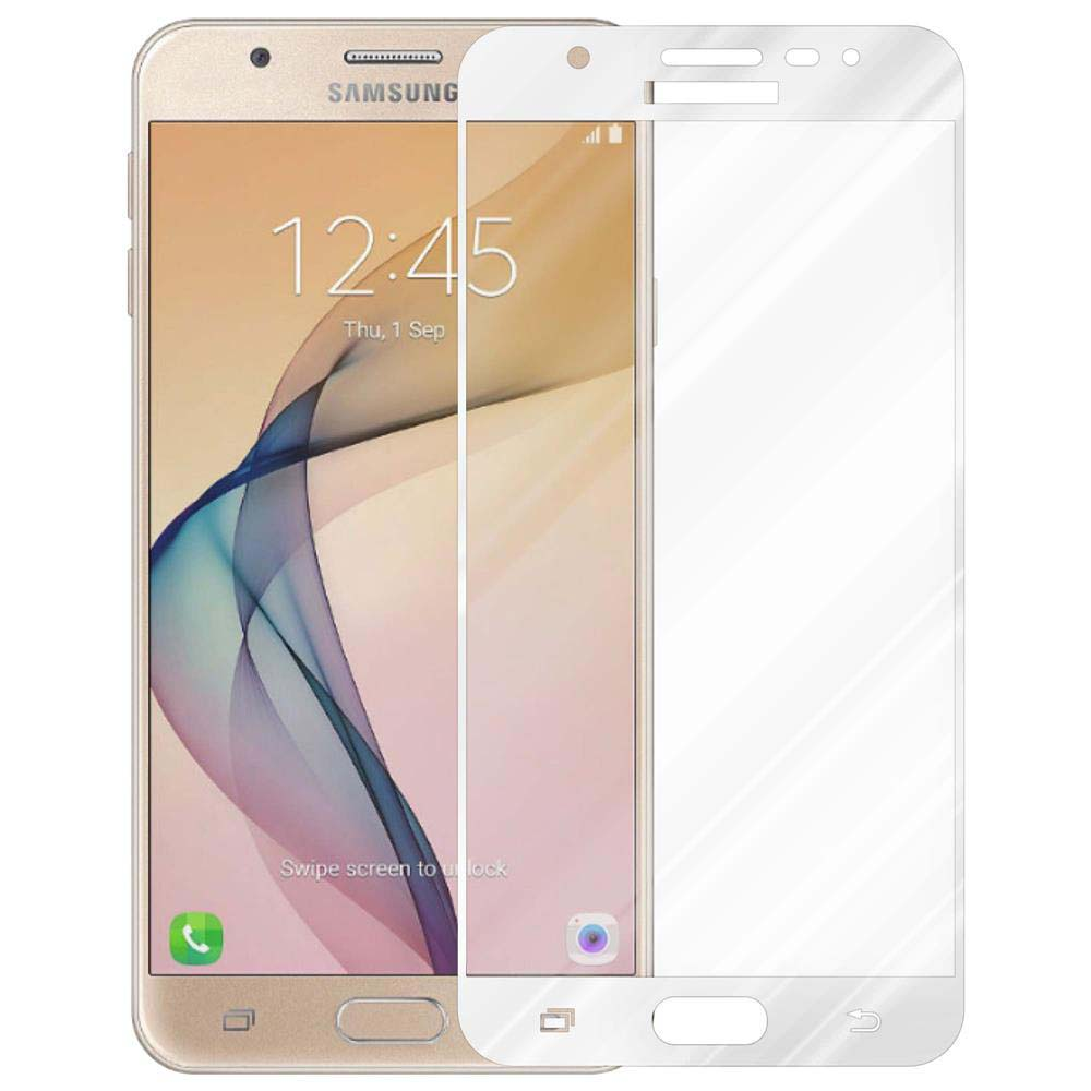 Un teléfono dorado con protector de pantalla. La pantalla muestra la hora y un fondo colorido. El protector es transparente.